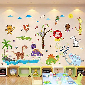 Combo 2 decal dán tường khủng long và cây động vật cho bé + Tặng stick bất kỳ