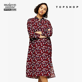 TOPSHOP - Đầm midi cổ bẻ tay dài PETITE Burgundy Floral Trapeze 26G04SBRG-015