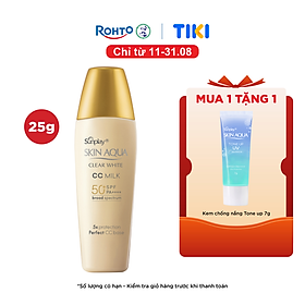 Kem chống nắng Skin Aqua trang điểm tạo nền trắng mịn & đều màu dạng sữa Sunplay Skin Clear White CC Milk SPF 50, PA++++ 25g