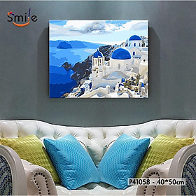 Tranh sơn dầu số hóa tự tô màu cao cấp Smile FMFP Santorini Phong cảnh Địa Trung Hải P41058