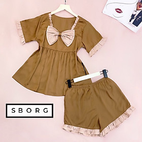 Bộ đồ ngủ mặc nhà SBORG bộ đồ lụa latin cao cấp áo babydoll đính nơ cute quần đùi viền bèo đáng yêu freesize dưới 60kg quà tặng vợ, thoải mái khi mặc ở nhà hoặc đi ra ngoài