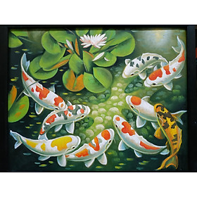 Mua Tranh Phong Thủy - Cửu Ngư Quần Hội - Sơn Dầu Vẽ Tay 40x50cm