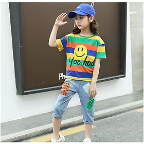 Set Bộ quần bò lửng và áo thun sọc ngang cho bé từ gái từ 3 đến 14 tuổi __ B0L19