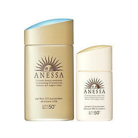 Bộ đôi Kem chống nắng dưỡng da dạng sữa bảo vệ hoàn hảo Anessa Perfect UV Sunscreen Skincare Milk SPF 50+ PA++++ 60ml + Kem nền trang điểm BB chống nắng dưỡng da Anessa SPF 50+ PA++++ 25ml