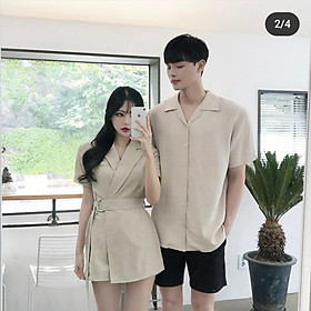 Áo đôi áo cặp   Set váy áo sơ mi đôi nam nữ đẹp du lịch chụp cưới màu nude HOT 2020 VSM - AV83