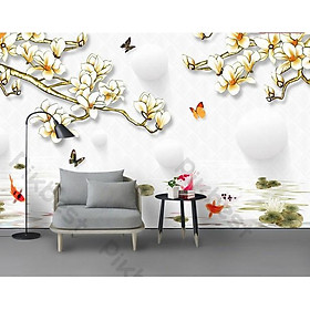 Tranh dán tường Tranh phong thủy hoa cá và bướm xinh tươi, tranh dán tường 3d hiện đại (tích hợp sẵn keo) MS1144555