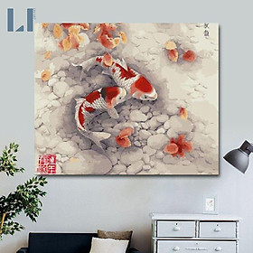 Tranh sơn dầu số hóa tự tô có khung chuẩn màu LIM Art - Tranh tô màu theo số cá chép T412