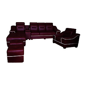 Bộ sofa da góc L Tundo 310 x 180 x 75 cm màu đỏ nho viền kèm đôn và ghế đơn
