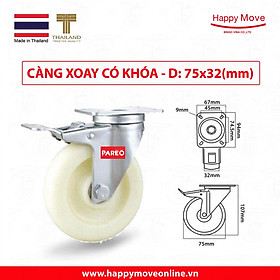 Bánh xe đẩy nhựa trắng PP Eco càng thép xoay 360 độ có khóa 75-100-125mm - Happy Move Thái Lan