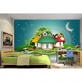 Tranh dán tường 3d 3 ngôi nhà nấm tb64