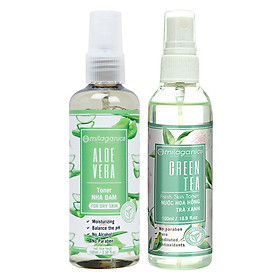 Combo Nước Cân Bằng Giúp Da Căng Mịn Và Săn Chắc: Toner Hoa Hồng Trà Xanh Và Toner Nha Đam Milaganics (100ml/Chai)