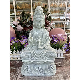Tượng Phật Bà Quan Thế Âm Bồ Tát ngồi đài sen cầu bình an đá cẩm thạch trắng xanh - Cao 40 cm