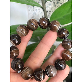 CHIẾC VÒNG MÃ NÃO VÂN VẰN MÀU VÀNG NÂU ĐẤT SẬM ĐẸP SIZE 14MM NAM MẠNG THỔ GỒM 14 HẠT ĐẸP