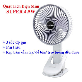 Mua Quạt tích điện Super 4.5W dùng pin sạc. Quạt mini tích điện cầm tay đa năng có thể để bàn  treo tường hay kẹp bàn làm việc. Pin trâu