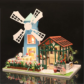 Mô hình nhà DIY Doll House Amsterdam Windmill Flower House Kèm Đèn LED và MICA chống bụi