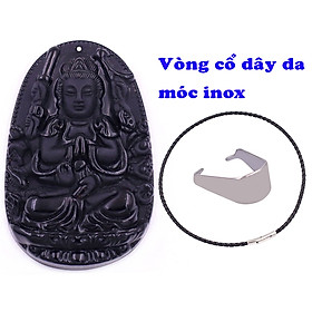 Mặt Phật Thiên thủ thiên nhãn đá thạch anh đen kèm vòng cổ dây da đen + móc inox trắng, mặt dây chuyền Phật bản mệnh, Quan âm bồ tát