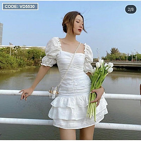 Đầm trắng nhúng thân  rút dây thân tầng - VD5530