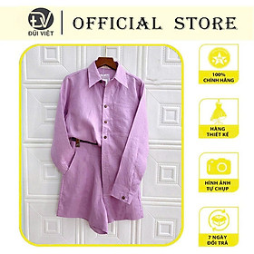 Set quần short và áo sơ mi dài tay cho nữ, chất linen cao cấp Đũi Việt, phong cách Hàn Quốc