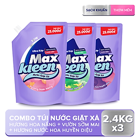 Combo 3 Túi Nước Giặt Xả Maxkleen 2.4kg/túi: 1 Hương Hoa nắng + 1 Hương Vườn sớm mai + 1 Hương Huyền diệu