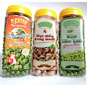 Combo 3 hộp hạt điều rang muối vỏ lụa 250g + đậu hòa lan sấy giòn vị tỏi ớt 275g + đậu hòa lan sấy giòn vị muối o'casso 275g
