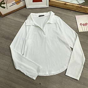 Áo thun polo tay dài BIGSIZE CÔ NHỎ nữ vạt bầu cổ bẻ dáng dài qua rốn, Áo phông phom rộng chất gân tăm 58-95kg G123 - Trắng