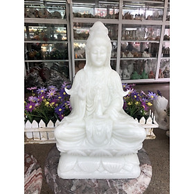 Tượng Phật Bà Quan Thế Âm Bồ Tát ngồi đài sen cầu bình an đá cẩm thạch trắng - Cao 41 cm