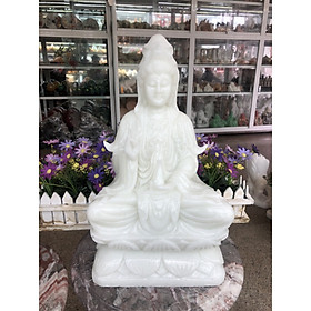 Mua Tượng Phật Bà Quan Thế Âm Bồ Tát ngồi đài sen cầu bình an đá cẩm thạch trắng - Cao 41 cm