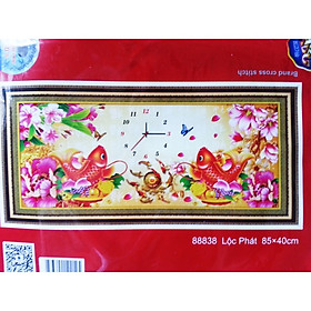 Tranh thêu chữ thập Lộc phát đồng hồ 85x40cm - chưa thêu