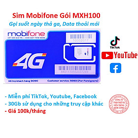 Sim dùng mãi Mobifone 4G gói MXH100, miễn phí 30GB, data mạng xã hội và gọi, Hàng chính hãng