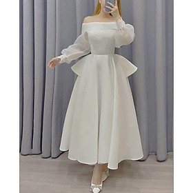 Đầm xòe dự tiệc mặc cưới bẹt vai tay dài voan phối viền ren TRIPBLE T DRESS -size S/M/L - MS51Y