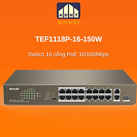 Bộ chia mạng switch 16 cổng PoE và 1 port 10/100/1000Mbps TEF1118-16-150W Tenda hàng chính hãng