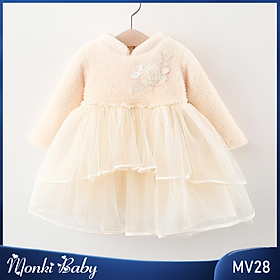 Váy công chúa lót lông chân bồng xinh dày ấm cho bé gái diện Tết, chất vải lông mềm mượt, chân ren 2 tầng sang chảnh | MV28