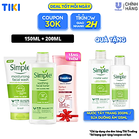 Combo Sữa rửa mặt Simple giúp cấp ẩm, da trông khỏe và mịn màng - cho da khô nhạy cảm 150ml + Nước hoa hồng Simple 200ML [Chính Hãng Độc Quyền]