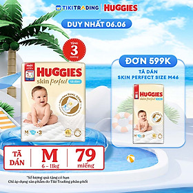 Tã/bỉm dán sơ sinh Huggies Skin Perfect M 76+3 miếng với 2 vùng thấm giảm kích ứng da