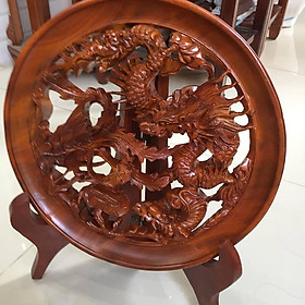 Đĩa tứ linh, gỗ xà cừ, đường kính 40cm, cao 50cm, đem tài lộc may mắn cho gia chủ