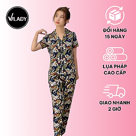 Bộ đồ Pyjama nữ, đồ mặc nhà lụa VILADY - B140 Quần Dài Tay Cộc Họa Tiết Con sò Màu Xanh Rêu, chất liệu lụa Pháp (lụa latin)