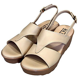 Giày Sandal Nữ Đế Xuồng HÀ NAM Da Bò Thật Cao Cấp 7cm DNU2025c - Màu kem - 36