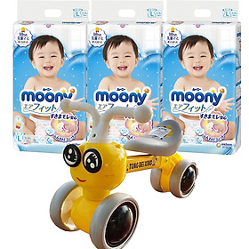 Combo 3 gói tã dán Moony cao cấp size NB90/S84/M64/L54/XL44 tặng Xe chòi chân con ong có đèn nhạc VBCare 052