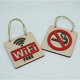 Bảng gỗ trang trí shop quán cà phê không hút thuốc, wifi free có dây treo. Nhận thiết kế yêu cầu