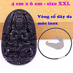 Mặt Phật Thiên thủ thiên nhãn đá thạch anh đen 6 cm kèm vòng cổ dây da đen - mặt dây chuyền size lớn - XXL, Mặt Phật bản mệnh, Quan âm bồ tát