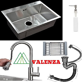 Combo chậu rửa bát 1 hố inox sus304 Valenza 6045, vòi rửa bát dây rút 01, xả, rổ inox, bình xà phòng