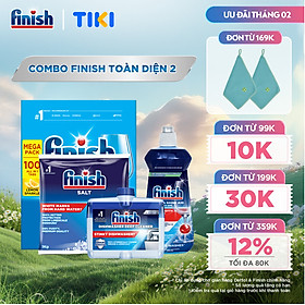Combo Finish toàn diện 2: Hộp 100 Viên Rửa Bát Essential + Nước Làm Bóng Finish 500ml + Muối Rửa Chén Finish Salt túi 1kg + Dung dịch vệ sinh máy