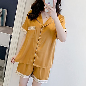 Bồ đồ ngủ nữ Pijama cộc tay viền chữ vải lụa mềm mịn - ZPJ01
