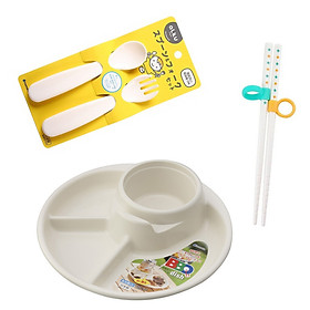 Combo 3 dụng cụ ăn dặm cho bé (khay tròn + thìa dĩa + đũa)