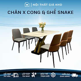 Mua Bàn ăn mặt đá ceramic bóng chân x cong mạ vàng kết hợp ghế snake