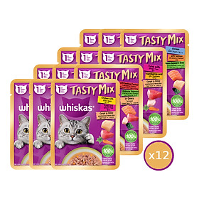 [Hộp 12 Gói] Thức Ăn Cho Mèo WHISKAS TASTYMIX 1+ YEARS Mix 4 Vị 70g/Gói