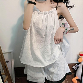 MS1094 Bộ quần đùi áo hai dây mặc nhà phối viền đen chất thô đũi siêu mát
