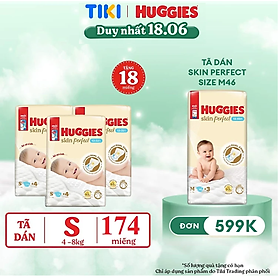 Combo 3 gói Tã/bỉm dán sơ sinh Huggies Skin Perfect S 54+4 miếng với 2 vùng thấm giảm kích ứng da