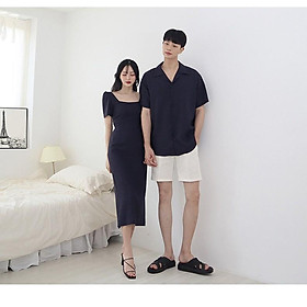 Set áo đôi áo cặp nam nữ Đồ đôi nam nữ áo sơ mi váy xẻ eo cổ vuông 3 màu đi biển chụp hình