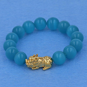 Vòng đeo tay đá mắt mèo xanh biển 12 ly - cẩn Tỳ Hưu inox vàng VMEXBTHV12 - hợp mệnh Thủy, mệnh Mộc